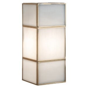 Moderne houten frame lamp met witte panelen, stijlvolle interieurverlichting.