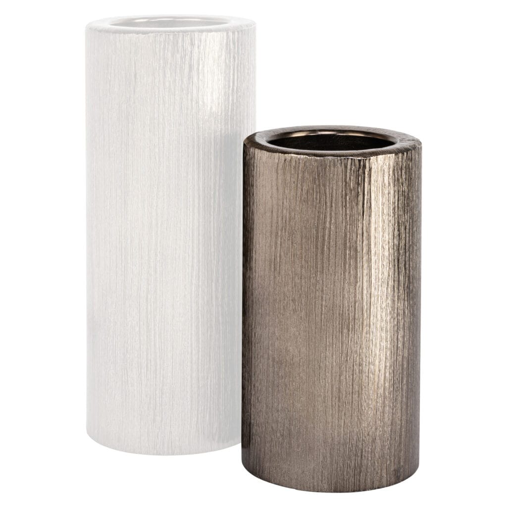 Zwei moderne Dekovasen in Weiß und Bronze, ideal für die Inneneinrichtung.