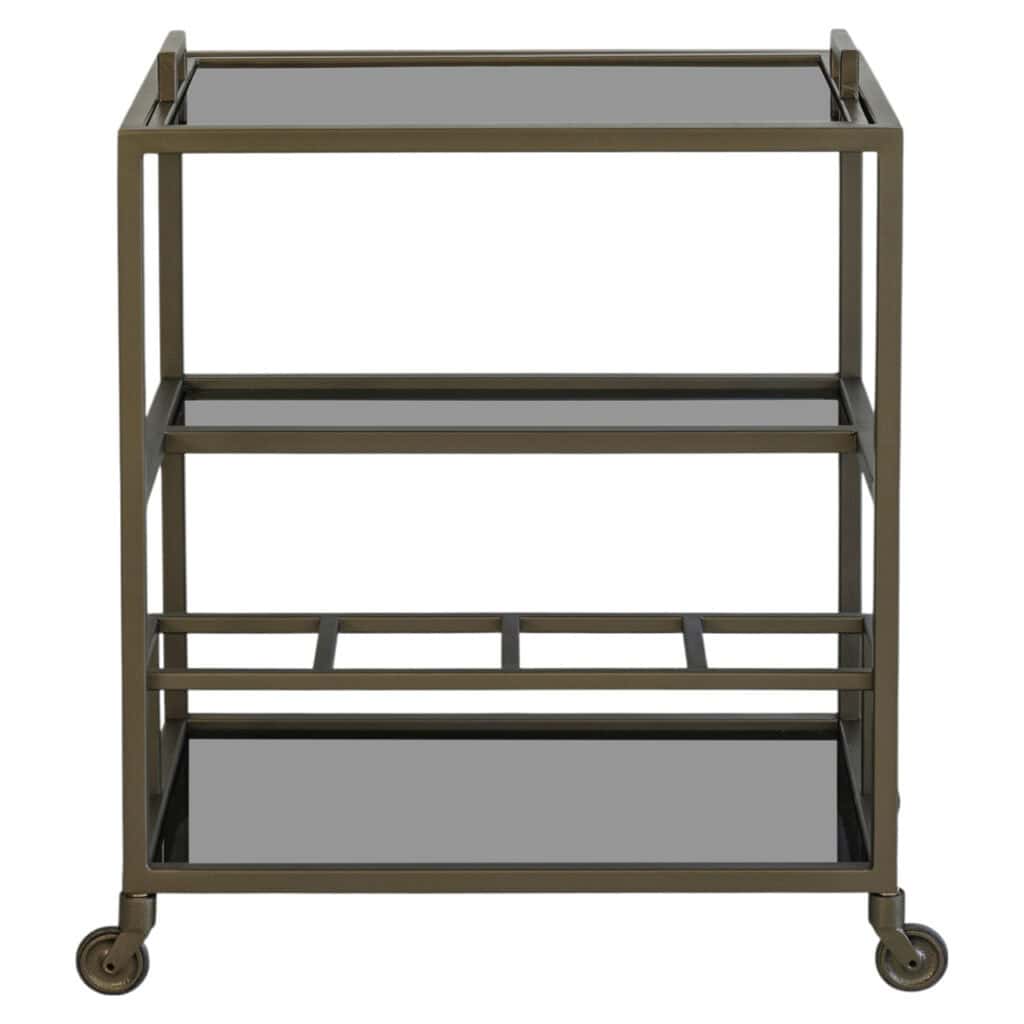 Chariot industriel pour le vin et le service, doté de plusieurs planches de roulettes pour faciliter les déplacements.