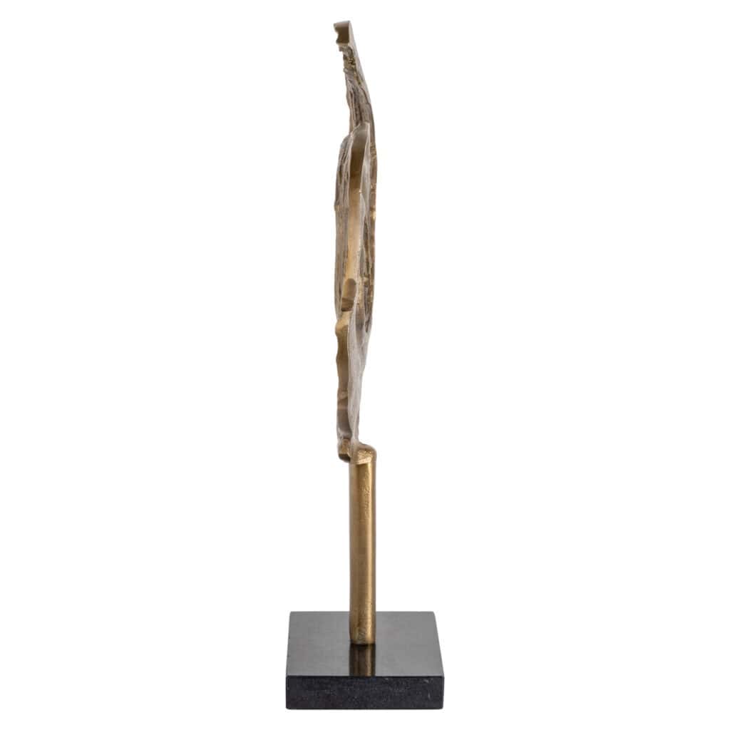 Wooden wall decoration with metal accents on a stand, featuring a modern and unique design for interior decor.
