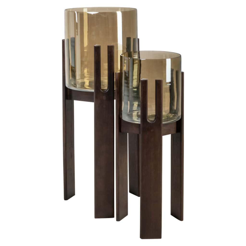 Modern glass Candle holders a wooden stand for stylish interior decoration.