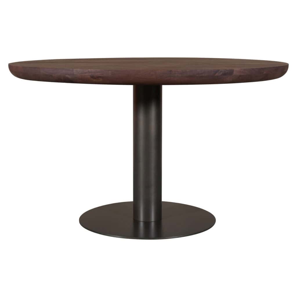 Modern wooden dining table with a black metal base, perfect for stylish dining rooms.