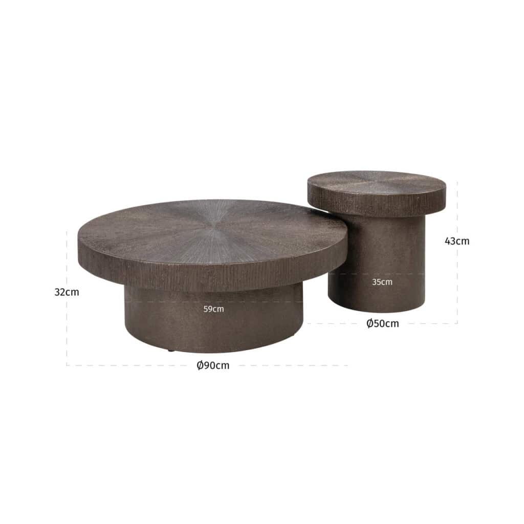 Moderne houten bijzettafels set met ronde vormen en natuurlijke afwerking.