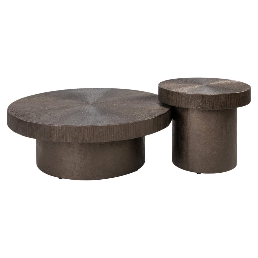 Moderne houten salontafels set met ronde bladen en cilindrische poten, perfect voor stijlvolle woonk.