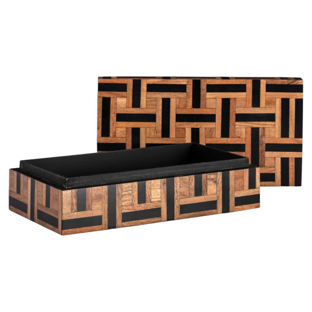 Wooden planter with a geometric pattern and black interior, modern design for the garden or home.