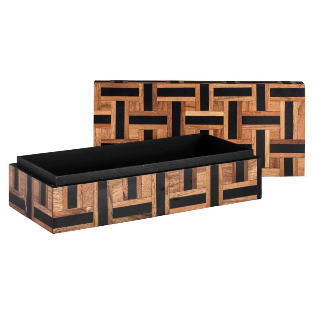 Jardinière moderne en bois avec un motif géométrique et un intérieur noir.