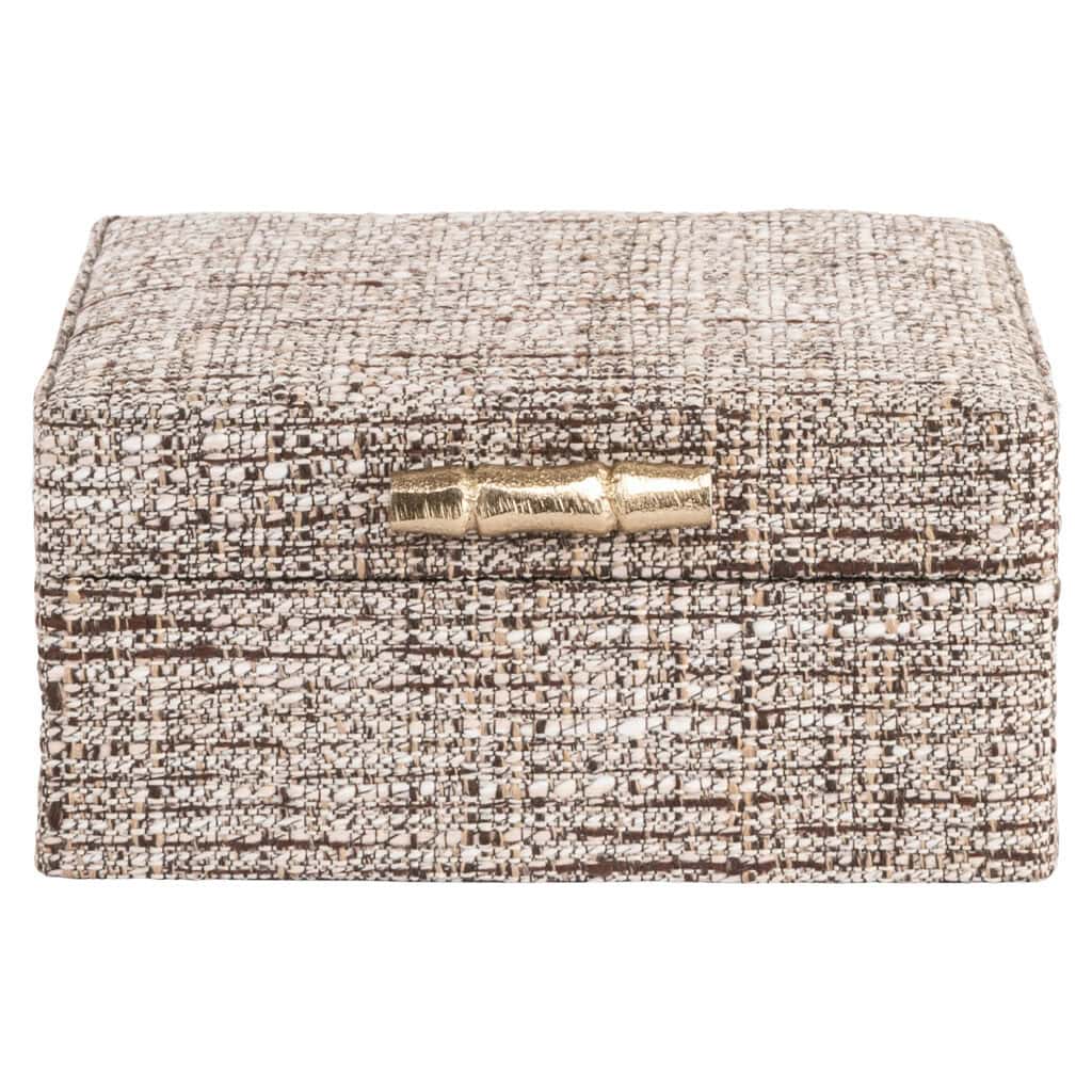 Boîte à bijoux en tissu de luxe avec fermeture dorée, idéale pour un rangement élégant.