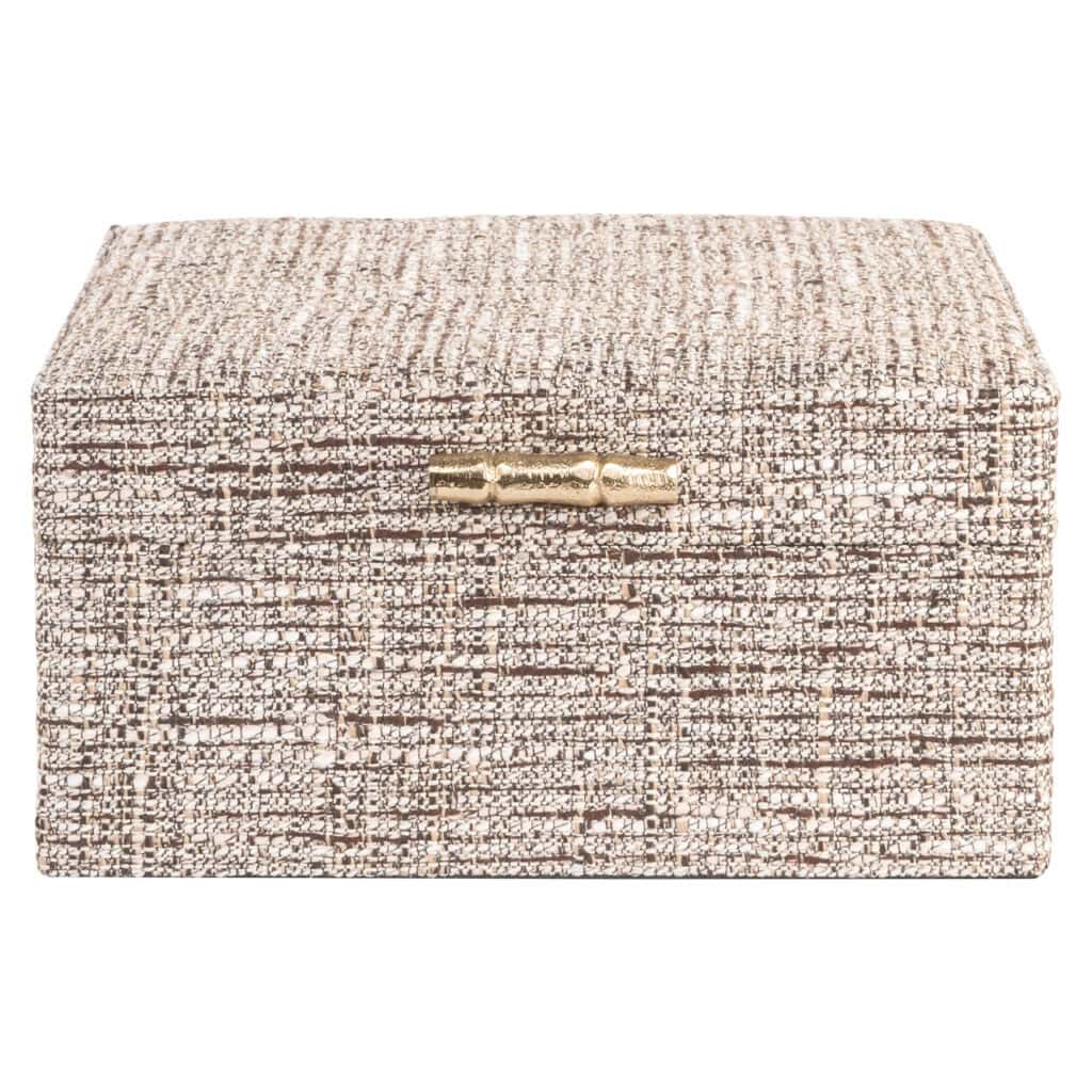 Boîte à bijoux en tissu de luxe avec fermeture dorée, pour un rangement élégant.
