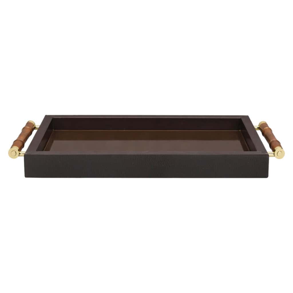Luxury wooden tray with metal handles for serving dishes and drinks.
