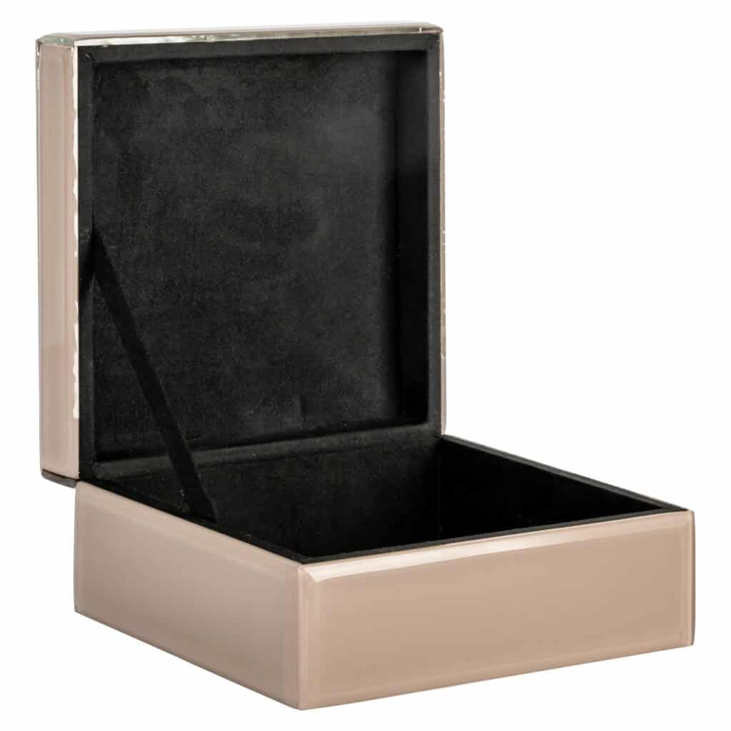 Elegant beige jewelry box with a black velvet interior for storing jewelry.