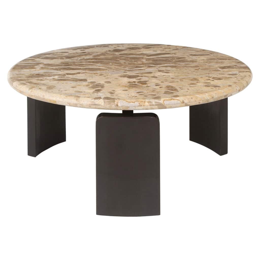Marble coffee table with a black base, modern interior design.
