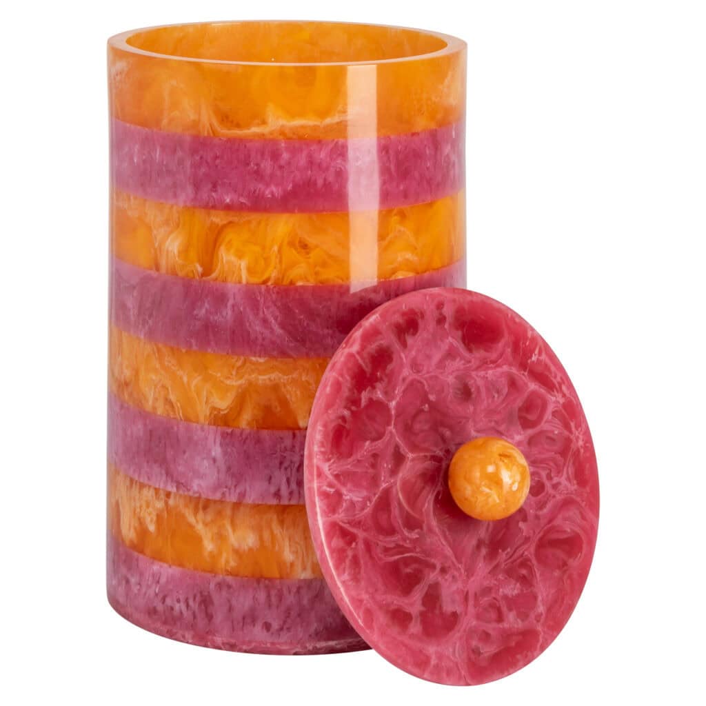 Vase with a colorful marble design and lid, perfect for modern interiors and decoration.
