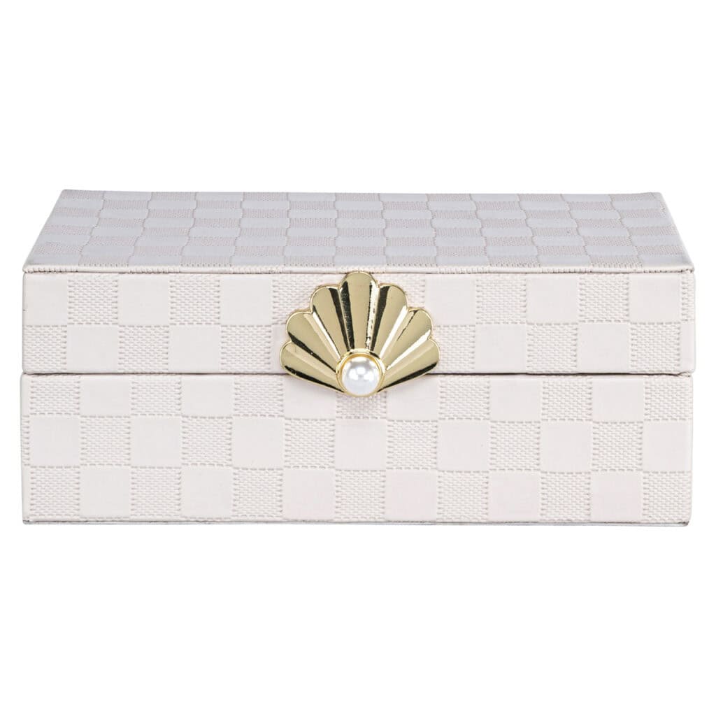 Luxurious white jewelry box with gold and pearl accents—elegant and functional.