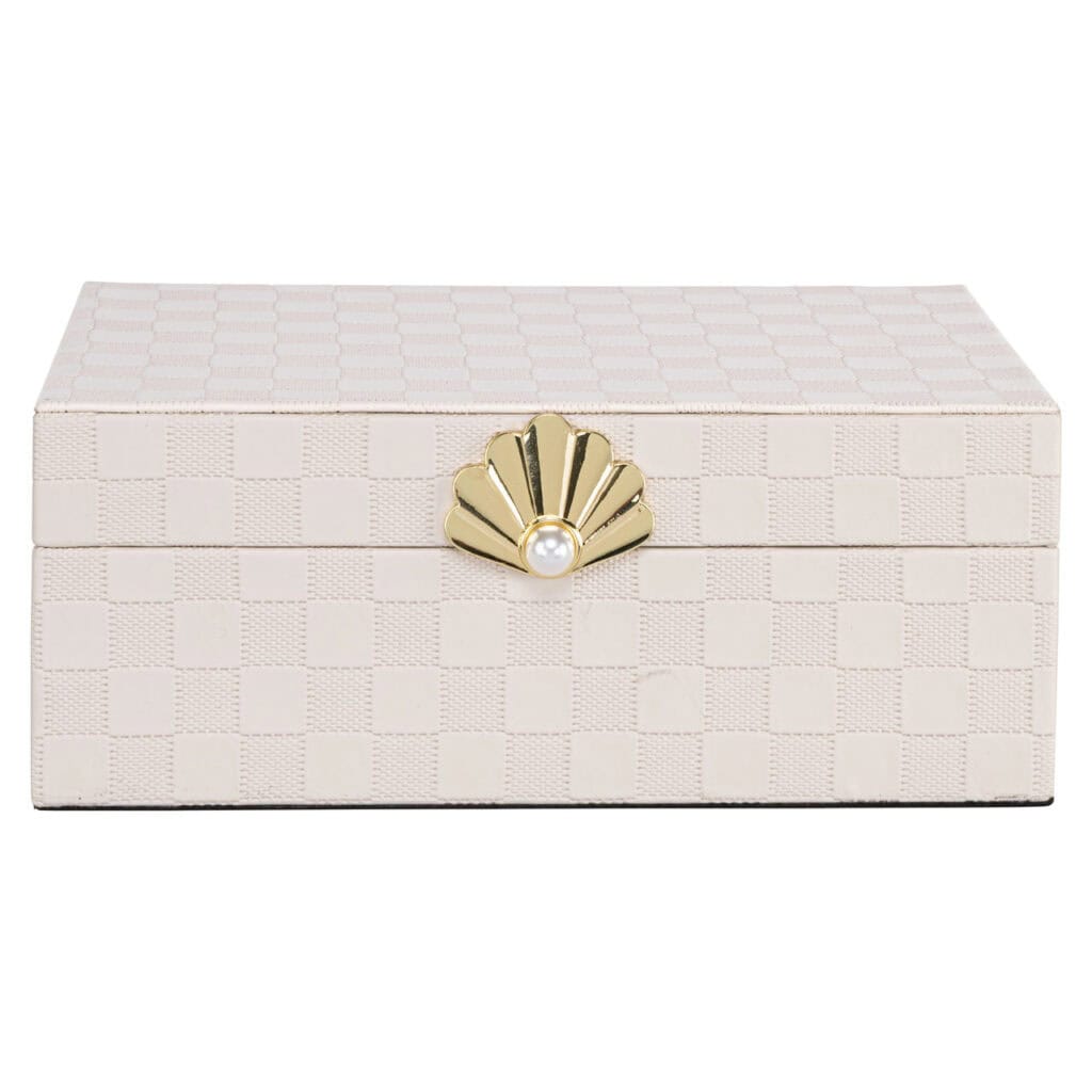 Luxe witte sieradendoos met gouden sluiting en pareldecoratie.