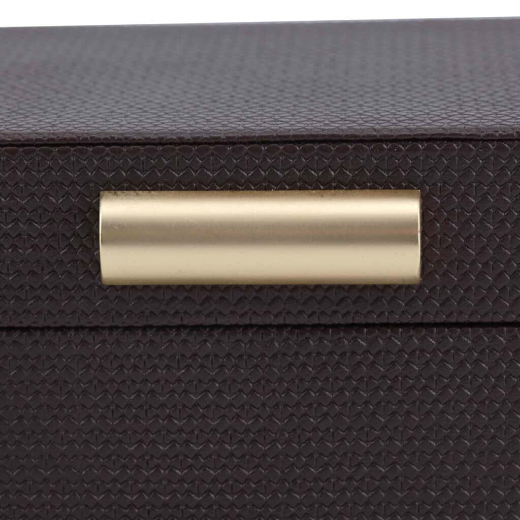 Modern dark brown chest of drawers with textured lacquer and a gold-colored handle.