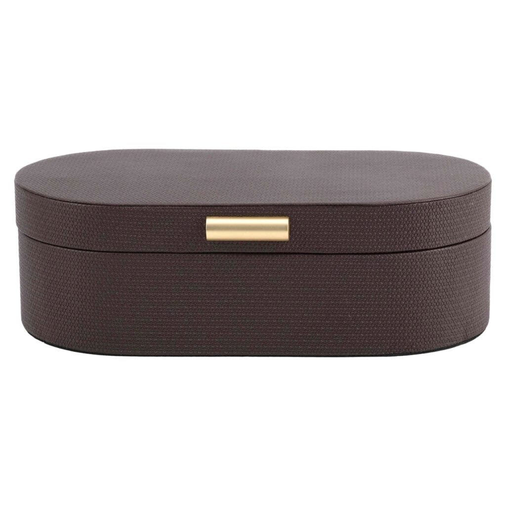 Élégante boîte de rangement marron foncé rehaussée de touches dorées, idéale pour la décoration d'intérieur.
