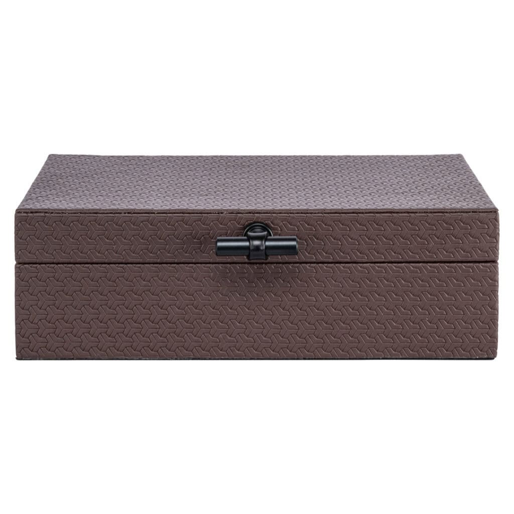 Textured wooden storage box with a closure for home storage.