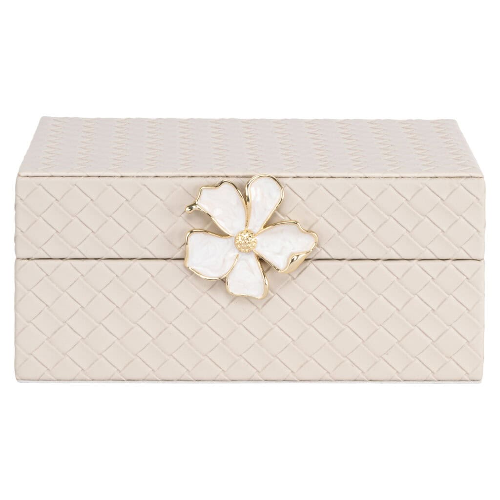 Elegante witte sieradendoos met bloemversiering, perfect voor stijlvolle opbergoplossingen.