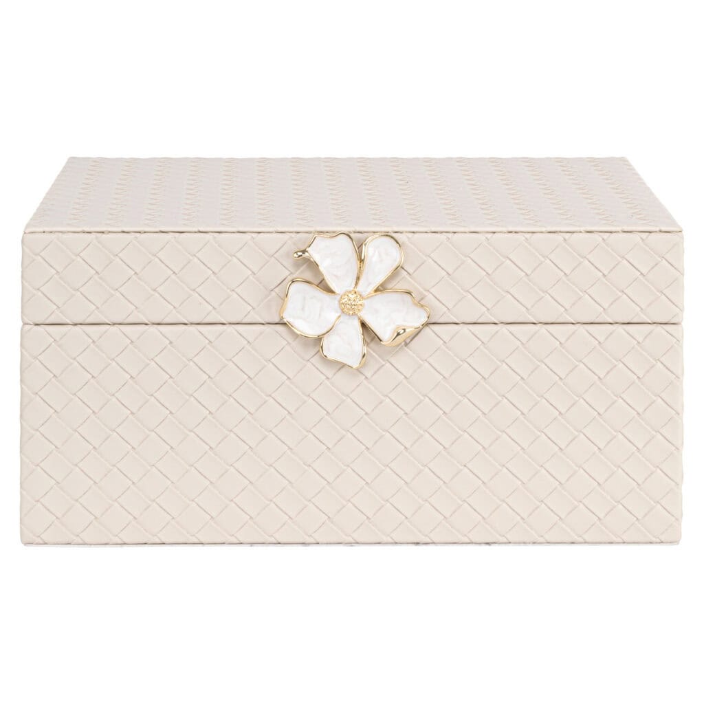 Witte sieradendoos met bloemdecor en gouden details, elegant en stijlvol.