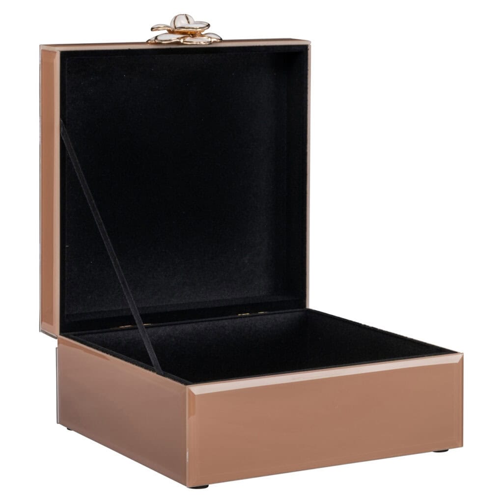 Boîte à bijoux de luxe avec finition dorée et compartiment intérieur noir, idéale pour ranger vos bijoux.