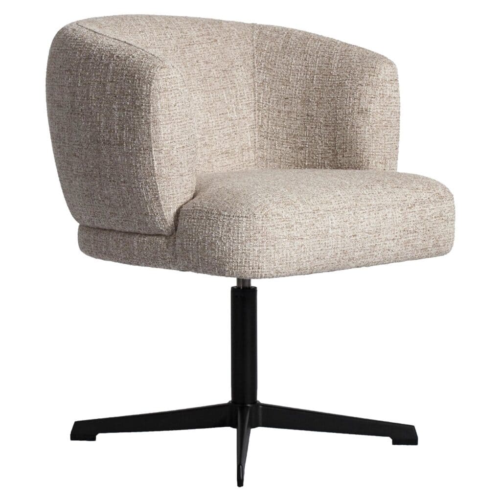 Beige bureaustoel met draaibaar en comfortabel ontwerp voor kantoor of thuisgebruik.