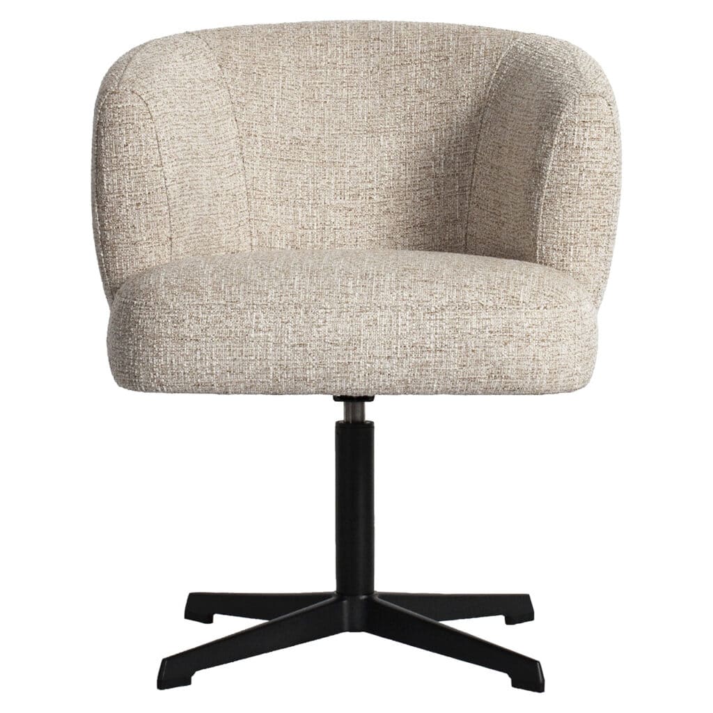 Modern beige upholstered swivel chair with black base for stylish interior design.