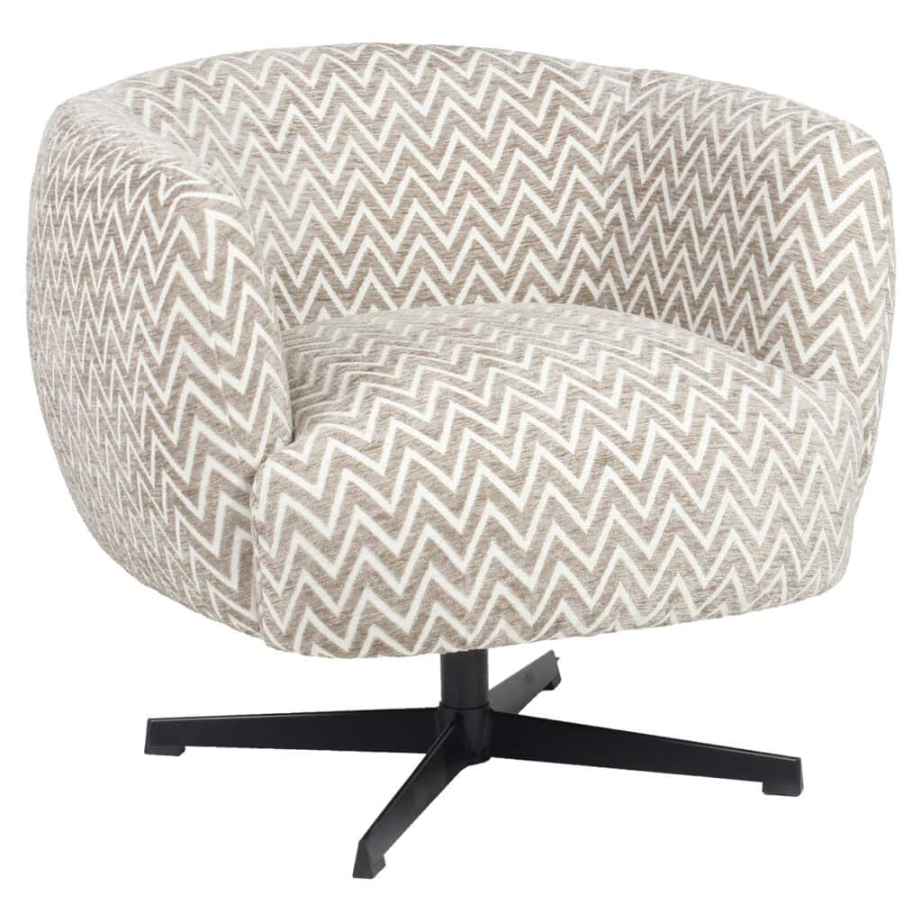 Moderne stoffen lounge stoel met zigzag patroon, beige en wit, op zwart onderstel, perfect voor stij.