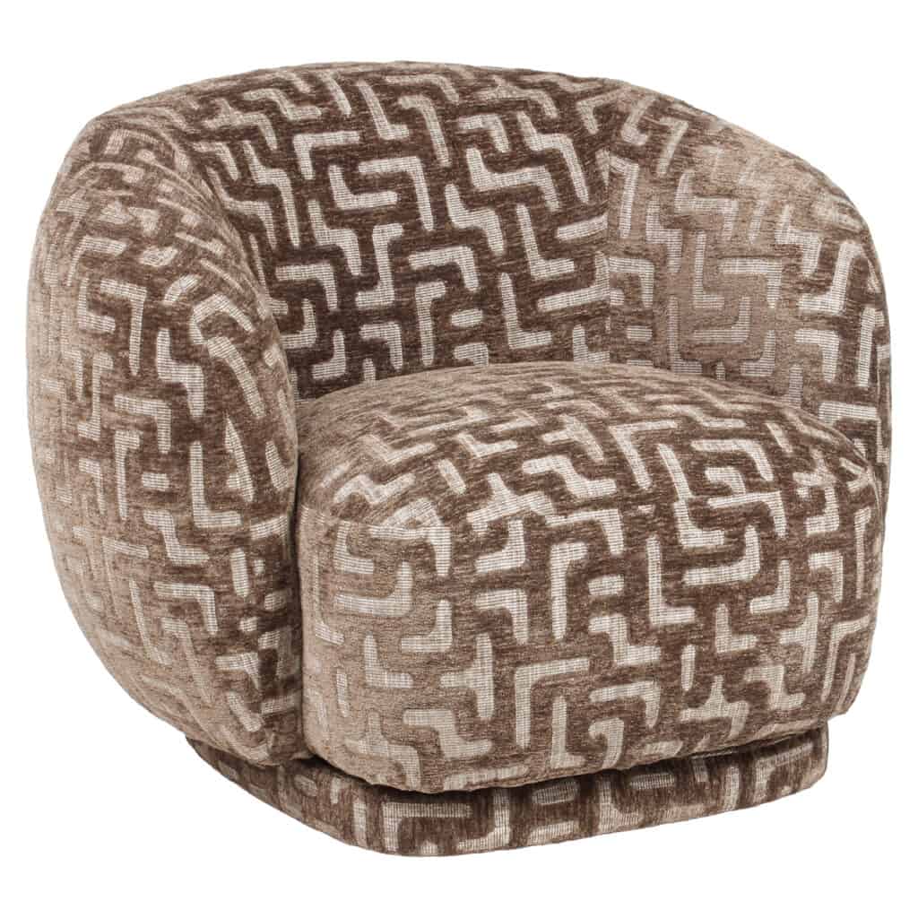 Petit banc à motifs géométriques dans les tons beige et marron, idéal pour un intérieur moderne et la décoration du salon.