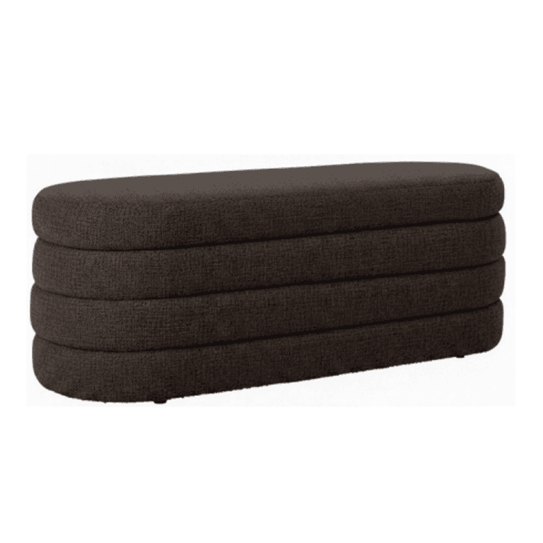 Bankje in donkerbruin stof, perfect voor modern interieur en comfortabele zitplek.