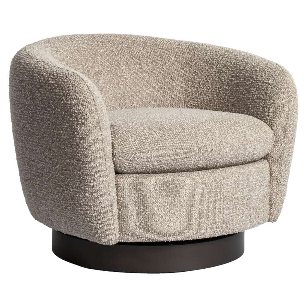 Modern round armchair with soft upholstery and a black base, perfect for luxurious interior design and c.