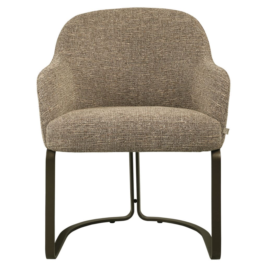 Bequemer Holzsessel mit Stoffbezug und Metallgestell, perfekt für eine moderne Einrichtung.