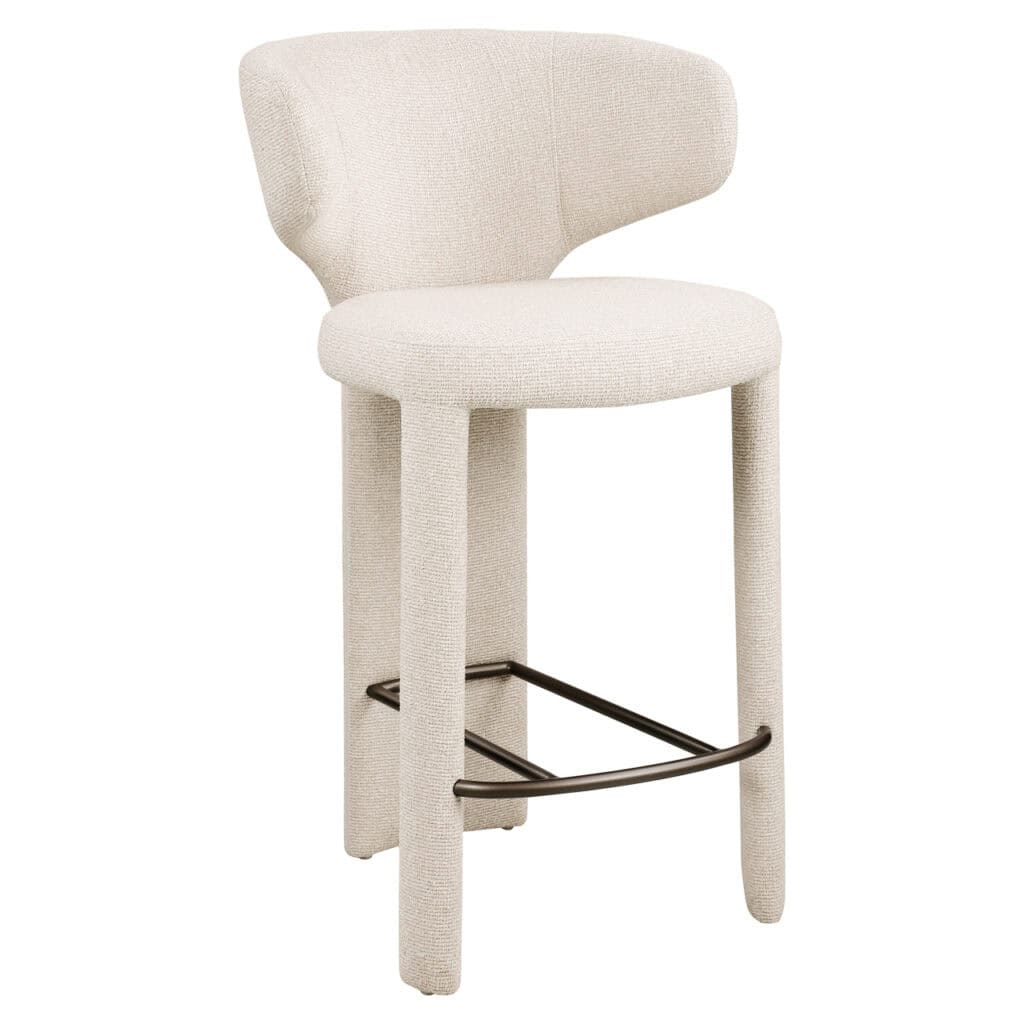 Tabouret de bar moderne de couleur beige, avec dossier et repose-pieds en métal, pour une décoration d'intérieur élégante.