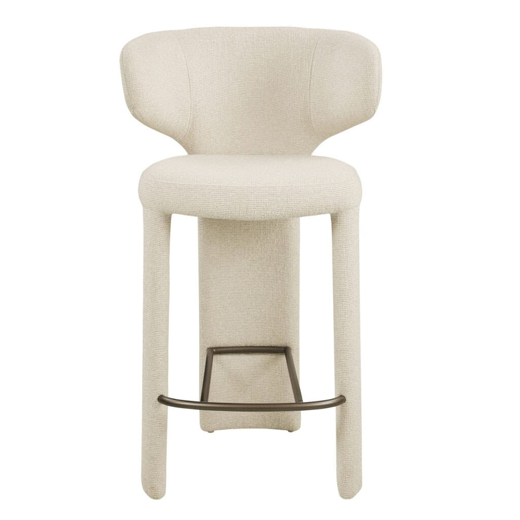 Tabouret de bar beige avec dossier et repose-pieds en métal, pour un intérieur élégant.