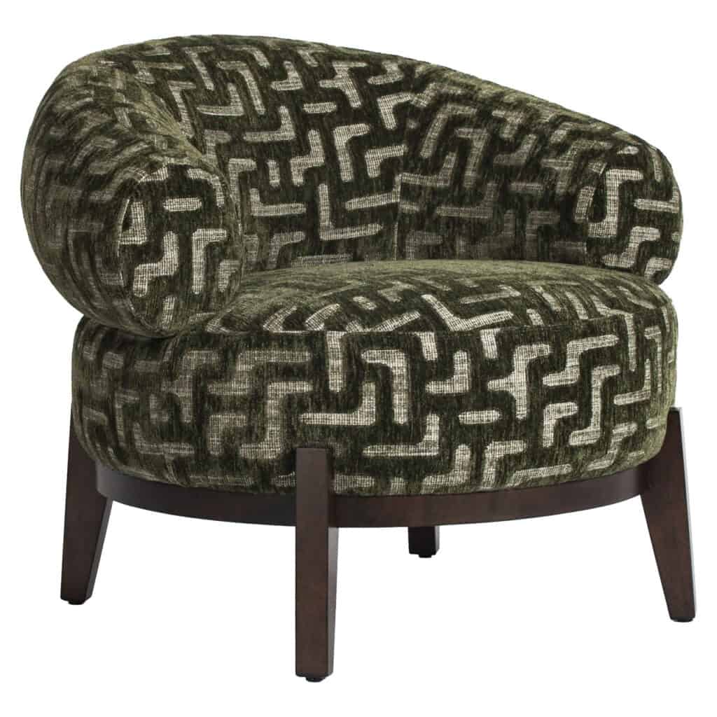 Moderne lounge stoel met geometrisch patroon in groen en zwart, perfect voor eigentijdse woonruimtes.