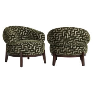 Luxury lounge chairs with a green and black geometric pattern, perfect for modern interiors.