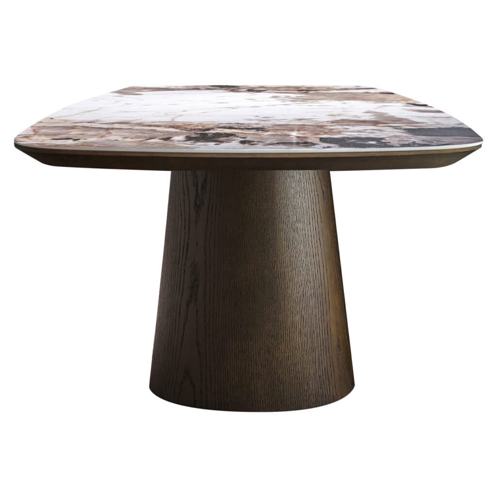 Moderne houten eettafel met marmeren blad, perfect voor stijlvolle eetkamers.