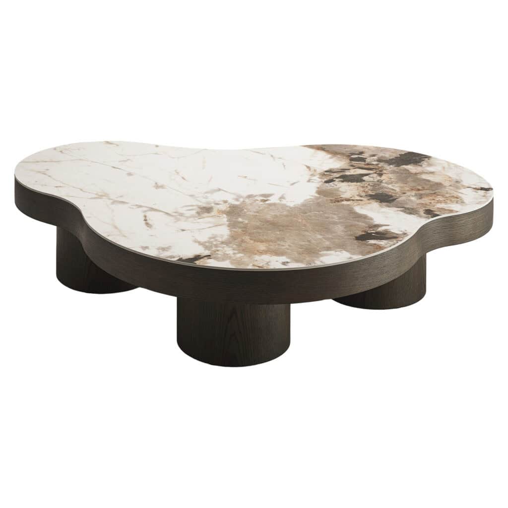 Luxuriöser Couchtisch aus Marmor mit Holzgestell, modernes Design, Inneneinrichtung, Wohnzimmer, stilvolles Möbelstück.