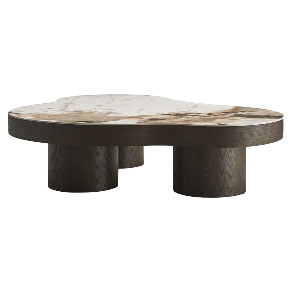 Luxuriöser Couchtisch aus Marmor mit Holzgestell, modernes Design, Inneneinrichtung.