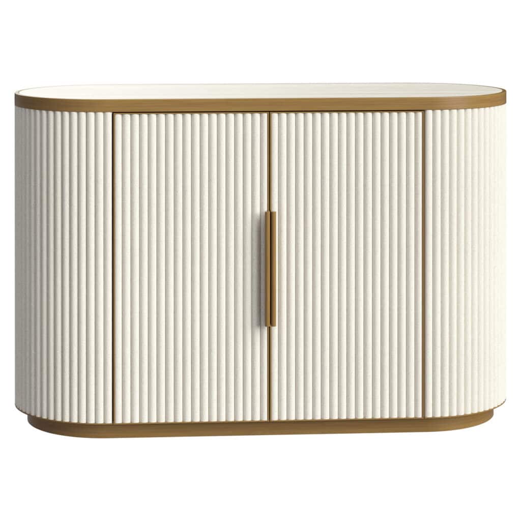 Meuble blanc moderne orné de nervures verticales et de détails dorés, au design élégant.