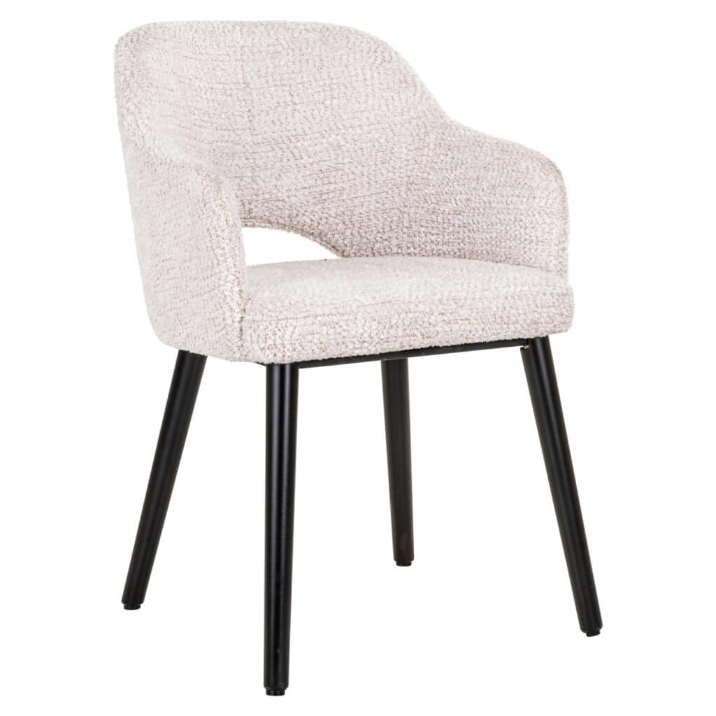 Chaise de salle à manger moderne, rembourrée de couleur beige, avec des pieds en bois noir.