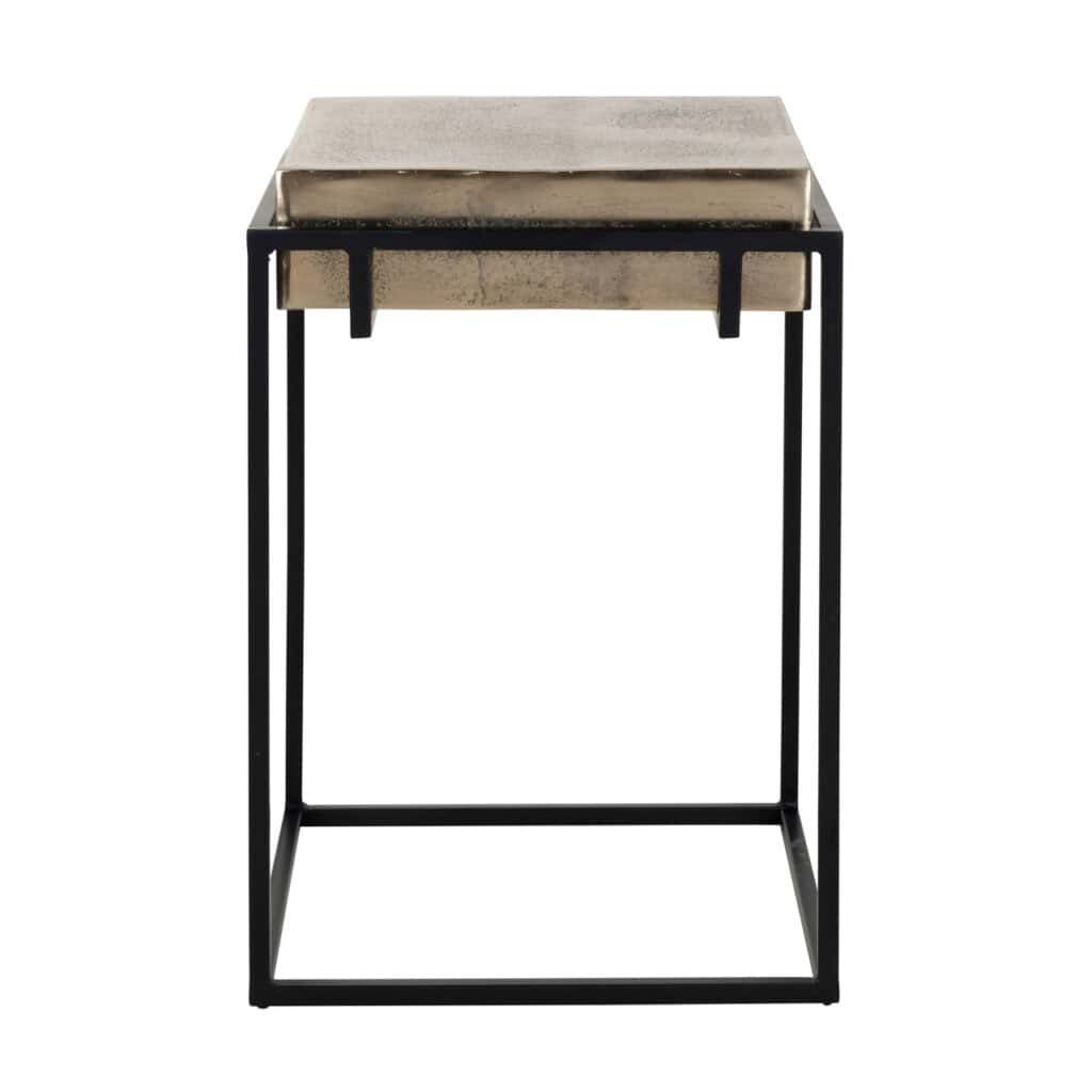 Table d'appoint moderne avec un piètement en métal noir et un plateau champagne .