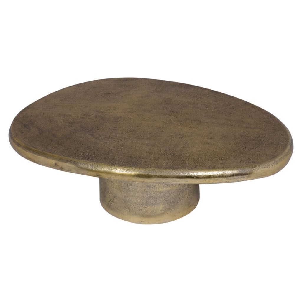 Brushed gouden salontafel met ronde vorm en lage basis.