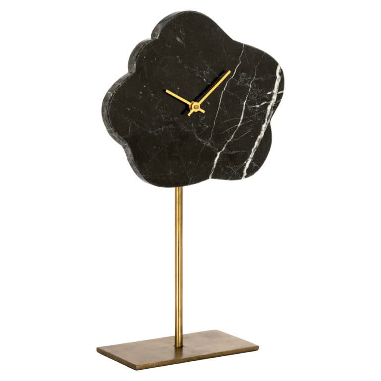 Modern clock with black marble and gold accents for home decor.