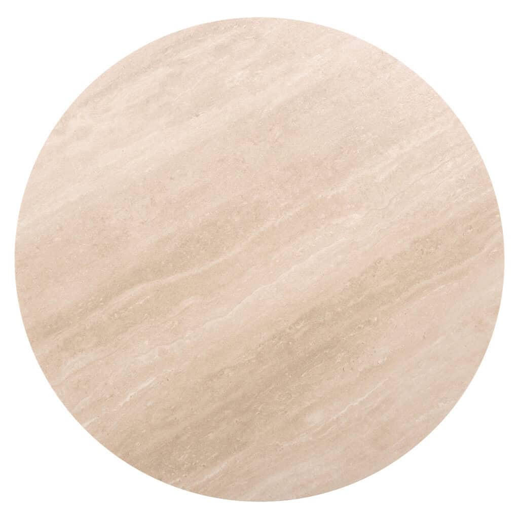 Ronde beige marmeren tafel met natuurlijke textuur.