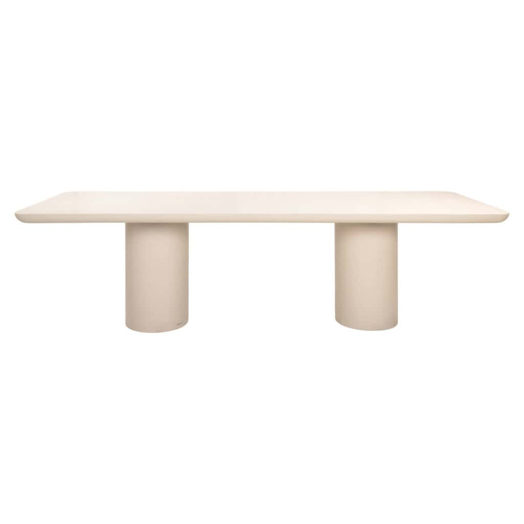 Moderne sandstone eettafel met dubbele pilaren voor buitengebruik.