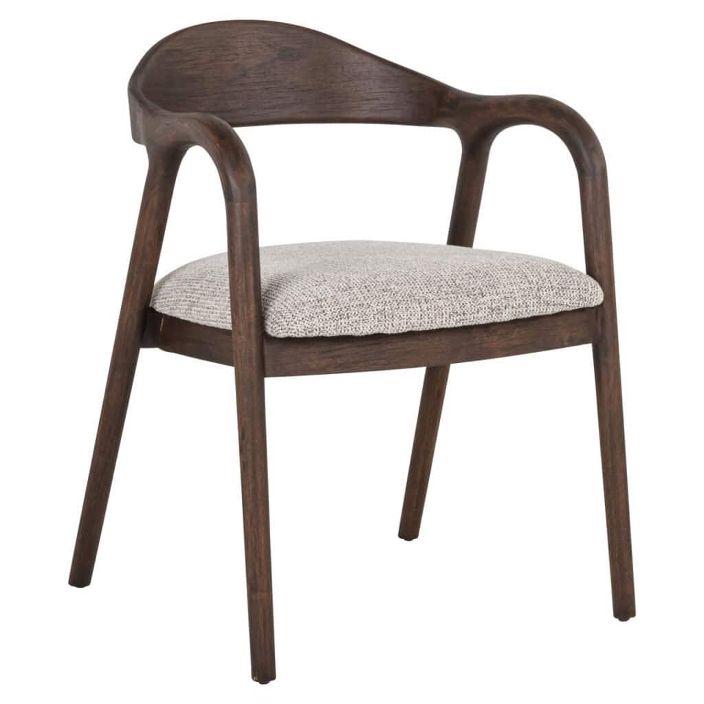 Beautiful wooden dining chair with a beige upholstered seat.