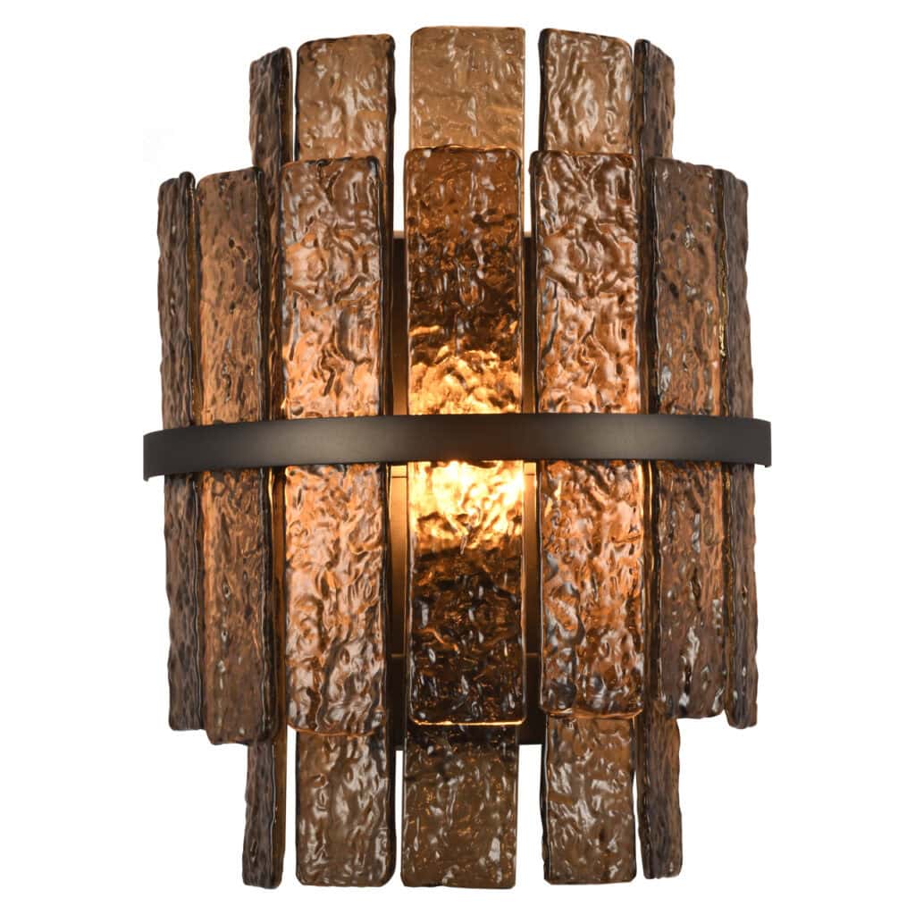 Lumy bruine wandlamp met rustieke stenen uitstraling en zwart metalen band.