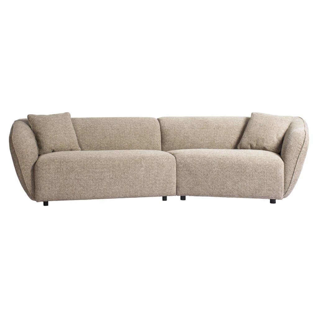 Bank Armand natuurlijke bank met beige stof en kussens.