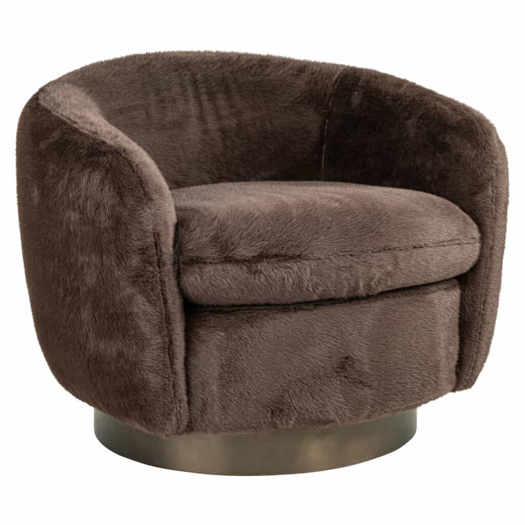 Luxurious, fluffy chair in chocolate brown with a swivel base.