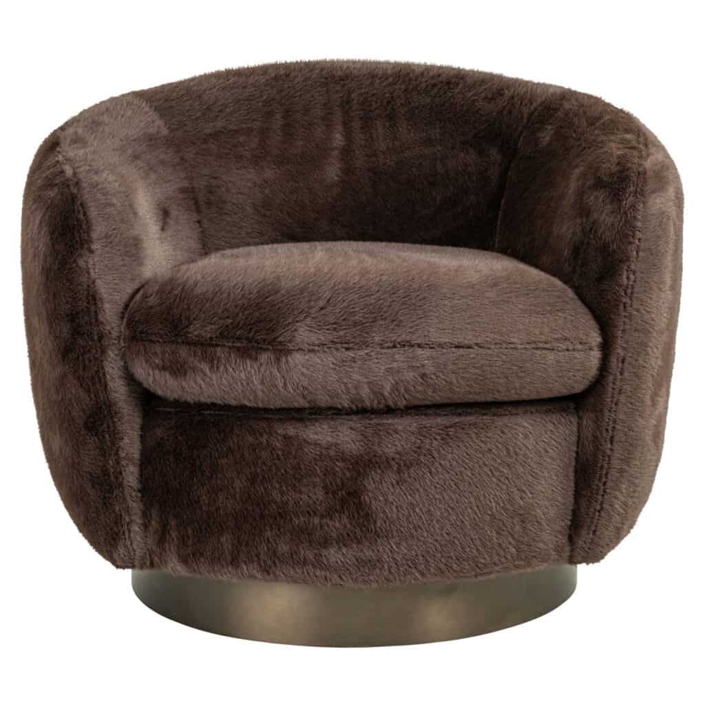 Luxurious, fluffy chair in chocolate brown with a swivel base.